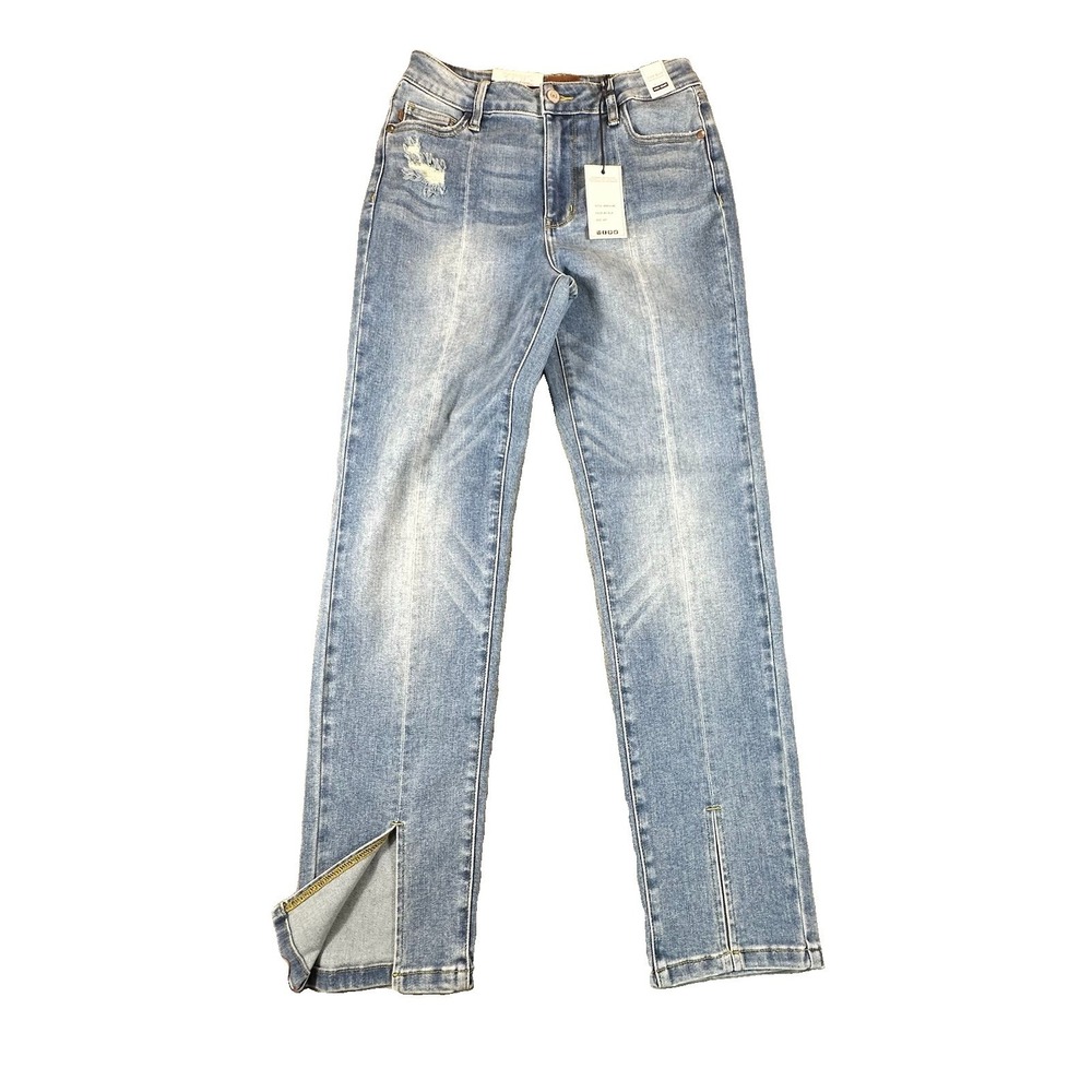 Judy Blue Jeans 5/27 Medium Wash High Rise Split Hem Slim Straight Festival Boho
